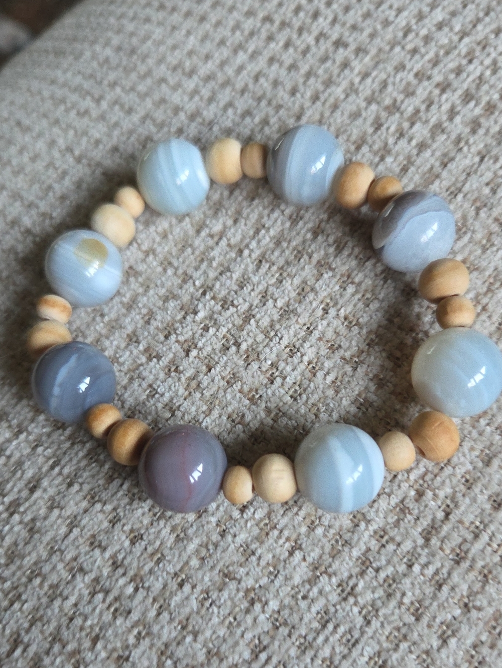 Handmade Blue and Beige Beaded Stretch Bracelet